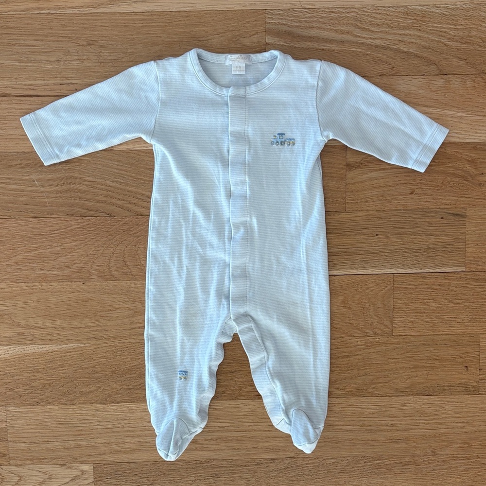 KISSY KISSY | BLUE AND WHITE STRIPED FOOTIE WITH TRAIN
